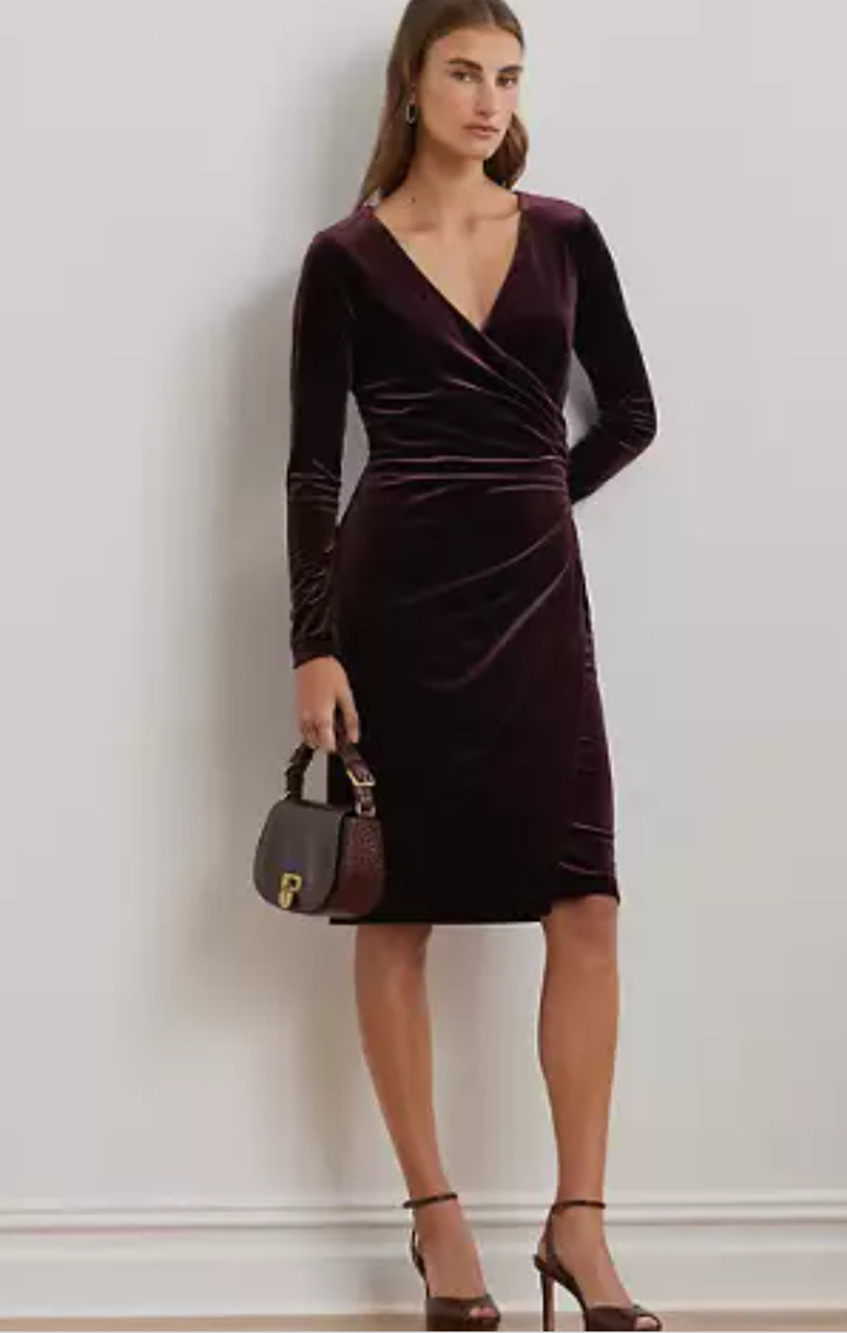 Lauren Ralph Lauren Women Stretch Velvet Surplice Dress Royal Velvet Size 10